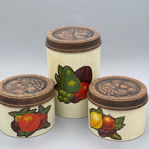 Vintage Cheinco Metal Canister Set With Fruit Harvest Retro Kitchen Storage Tins - Picture 3 of 9